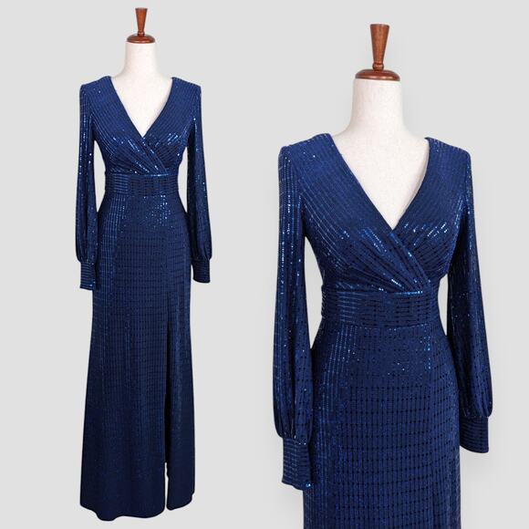 NW Nightway Dresses & Skirts - Nightway Full Length V Neck Sequin Wrap Evening Gown Navy Women's Small Size 4